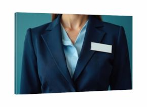 Female employee in pro navy blue uniform jacket. Corporate worker wears blouse, blank name badge on lapel for mockup. Business clothing template for airline hotel service. Empty tag ready for name.
