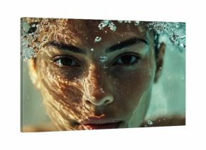 Close-up portrait of a female swimmer captured underwater in vibrant detail, highlighting determination and focus with water droplets glistening around her face.