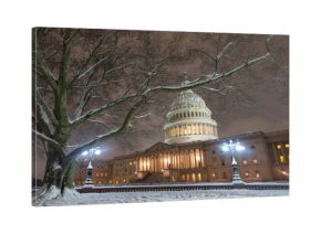 Washington DC in night winter. American Capitol Building in snow. Washington city Capitol. United States Capital. USA landmark. Supreme Court. Washington D.C. Washington city.