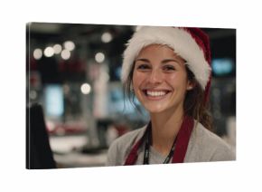Smiling employee in a Santa hat working during the holiday season at a busy retail store