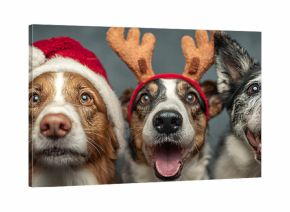 Banner five dogs celebrating christmas holidays wearing a red santa claus hat, reindeer antlers and red present ribbon. Isolated on gray background