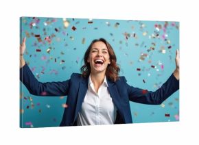Happy businesswoman celebrates success. Arms raised high in pure joy, colorful confetti streams around. Excited female employee smiles broadly, laughing loudly. Feels great triumph at business