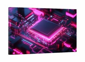Futuristic circuit board with glowing neon pink and blue lights