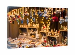 Festive christmas market stall with handmade ornaments and twinkling lights