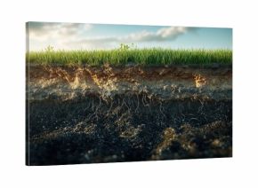 Soil profile grass, soil layers and roots under a sunny sky