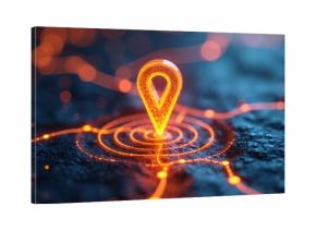 Glowing map pin with light trails represents destination. Location icon points travel route on abstract terrain. GPS navigator shows geographic position. Digital pointer marks spot and direction.