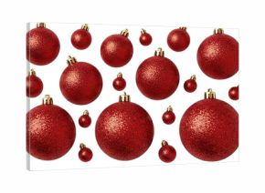A festive pattern of sparkling red glitter Christmas baubles of various sizes floating against a solid black background, creating a classic holiday season decoration concept