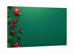 Christmas background with xmas tree, Christmas red decoration and sparkle bokeh lights on green background. Merry Christmas greeting card. Winter holiday theme. Happy New Year. Space for text