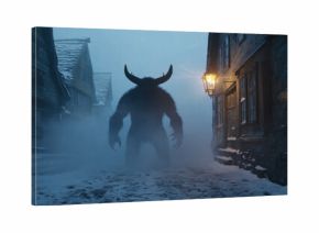 Krampus monster standing on a snowy cobblestone street at night, people gathering with torches during a winter Christmas festival, representing ancient alpine folklore and traditions