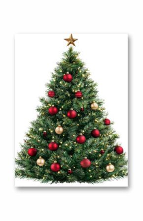 Festive Christmas tree adorned with red and gold ornaments, shimmering lights, isolated on a white background. isolated on transparent background.