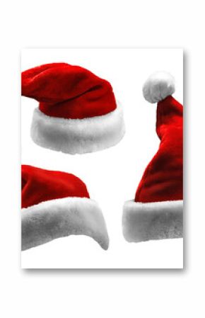 Set of isolated red Santa Claus hats. Collection of bright contrasting hats