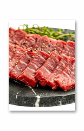 PNG Premium Rare Slices sirloin Wagyu A5 beef on stone plate steak slice meat.