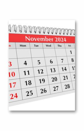 November 2024 calendar. Page of the annual business desk month calendar isolated on transparent png