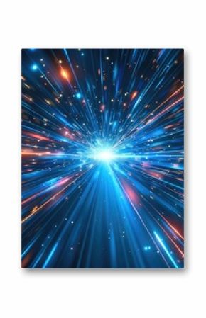 Abstract blue light speed background with laser rays and glowing flare in the center, motion blur effect, futuristic design concept for technology or science illustration.