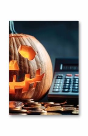 Halloween pumpkin, next to coins and calculator, financial market elements, black background.