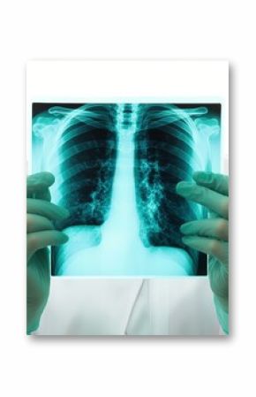 Medical professional holding a chest X ray in a clinical setting during daylight