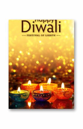 Happy Diwali Celebration Vertical Banner with Illuminated Colorful Oil Lamps (Diya) on Golden Bokeh Background.