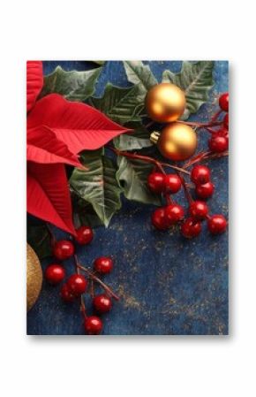 Holiday wreath with red poinsettias, green leaves, and gold ornaments on blue