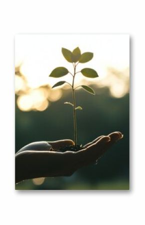 A child's hand holds a young plant on a green nature background. Earth day concept eco