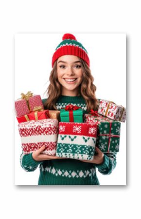 Portrait of excited young girl in christmas sweater carrying many gifts , isolated on transparent background, png 