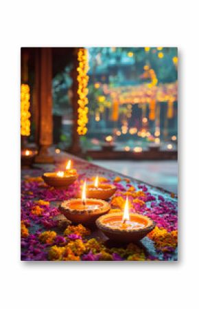 Glowing oil lamps and flower petals create a tranquil diwali ambiance at dusk