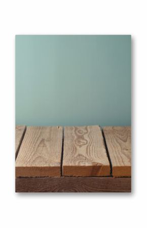 Empty wooden rustic table over green wall background.  Kitchen mock up for design and product display