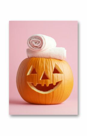 A pumpkin with a cute, carved face, wearing a rolled-up towel on its head as if at a spa, placed on a light pink background for a fun and whimsical autumn scene.