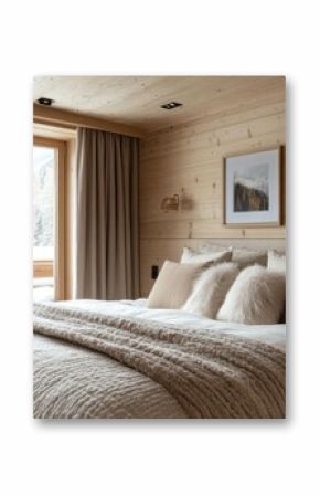 Cozy bedroom interior with large comfortable bed facing snowy mountains landscape seen through balcony doors