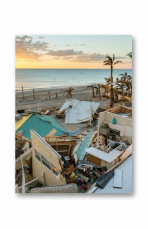 Destroyed house on ocean shore. Hurricane Milton consequences in Manasota Key, Florida. Storm surge severe damage.