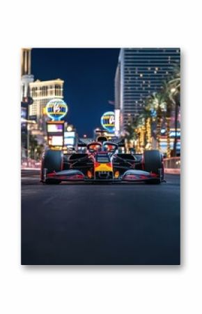 Formula One Car Racing on the Las Vegas Strip at Night