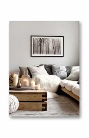 Minimalist, rustic interior design of modern living room. Corner sofa with grey and fur pillows near fireplace.