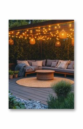 Cozy outdoor seating area with string lights and greenery in a tranquil garden space