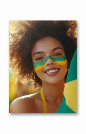 Happy young girl football fan celebrating her team victory. Latino woman with Brazil flag laughing and smiling. Celebration of Independence Day, Labor Day, Proclamation of the Republic