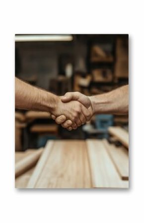 Close-up of two carpenters shaking hands in a woodworking workshop, with tools visible in tool belts and wooden planks in the background