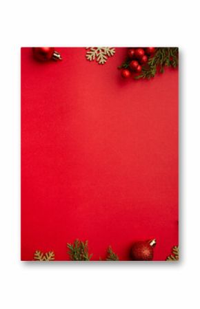 Christmas and Happy New year background with gold glitter decorations on red bright background. Holiday party decoration . Christmas celebration, holiday card