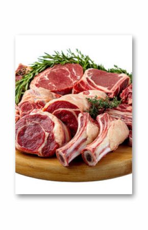 Assorted raw meat cuts displayed on a wooden board with fresh herbs for flavor enhancement.