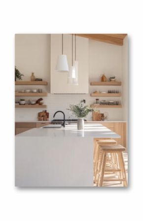 Modern kitchen design featuring wooden cabinetry, open shelving, and large island with bar stools. bright space is enhanced by natural light and minimalistic decor, creating warm and inviting atmosphe