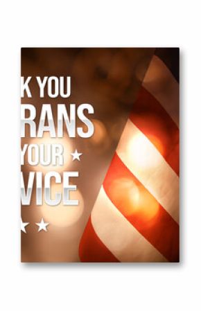 Thank you veterans for your service patriotic USA background with flag on the side and warm bokeh lights. American veterans day wallpaper with glowing blur lights