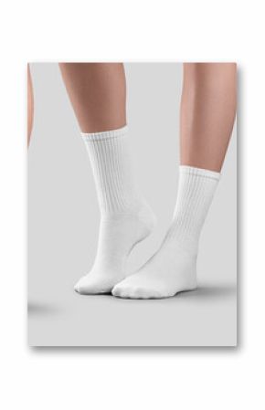 Mockup of long white socks on beautiful female legs on tiptoes, stretched feet, side, back view, for design, branding. Set