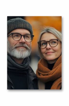 Happy senior couple wearing warm clothes smiling outdoors in winter city