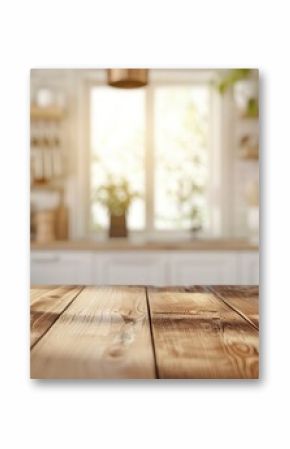 Blurred kitchen interior with wooden desk home background.