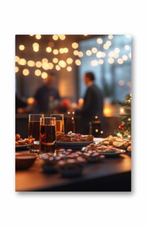 Christmas holiday party with people gathered around a decorated table with festive snacks, drinks, and Christmas tree