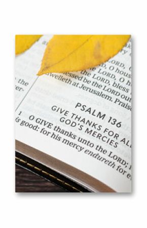 Psalm 136 for giving thanks to God Jesus Christ about His mercy and blessing in open holy bible book with autumn leaf. Close-up. Christian biblical concept.