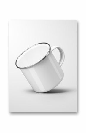 White enamel mug mockup, metal cup with mirrored rim, handle, isolated on background.