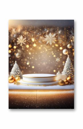 A white podium sits in the center of the image, surrounded by gold and white Christmas ornaments, snow, and pine trees. The background is a dark blue with gold and white snowflakes and lights.