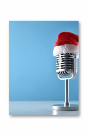 Retro Christmas microphone with stand on cyan isolated background