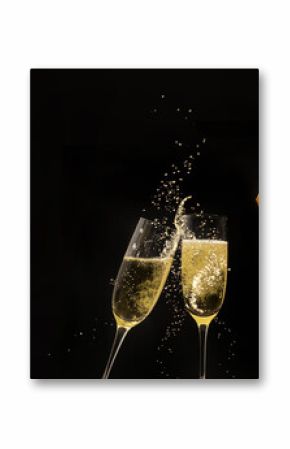 Silvester 2025 New year New Year's Eve Party, birthday or celebration background banner panorama - Champagne bucket with champagne bottle, champagne glasses for toasting isolated on black night sky