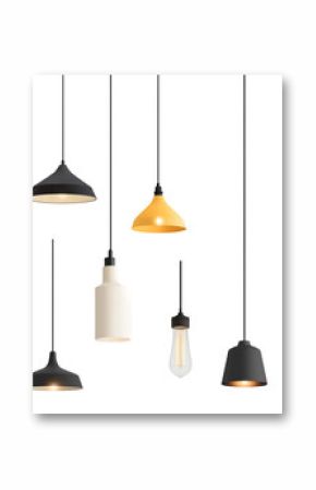 Set of different modern hanging lamps on white background. 