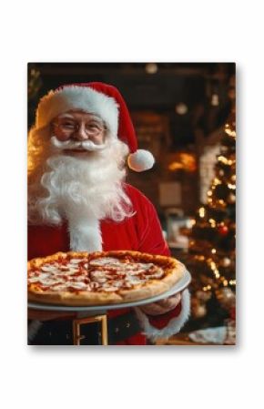 Santa Claus joyfully holding a pizza in a cozy Christmas restaurant