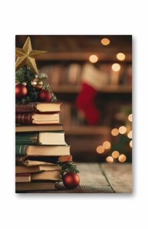 A cozy holiday scene featuring a stack of books arranged as a Christmas tree, adorned with decorations and twinkling lights.